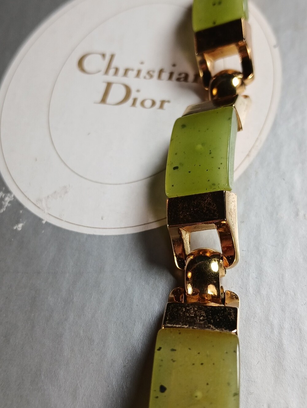 1973 Vintage Christian Dior Faux Jade & Gold Link Bracelet 7.25"